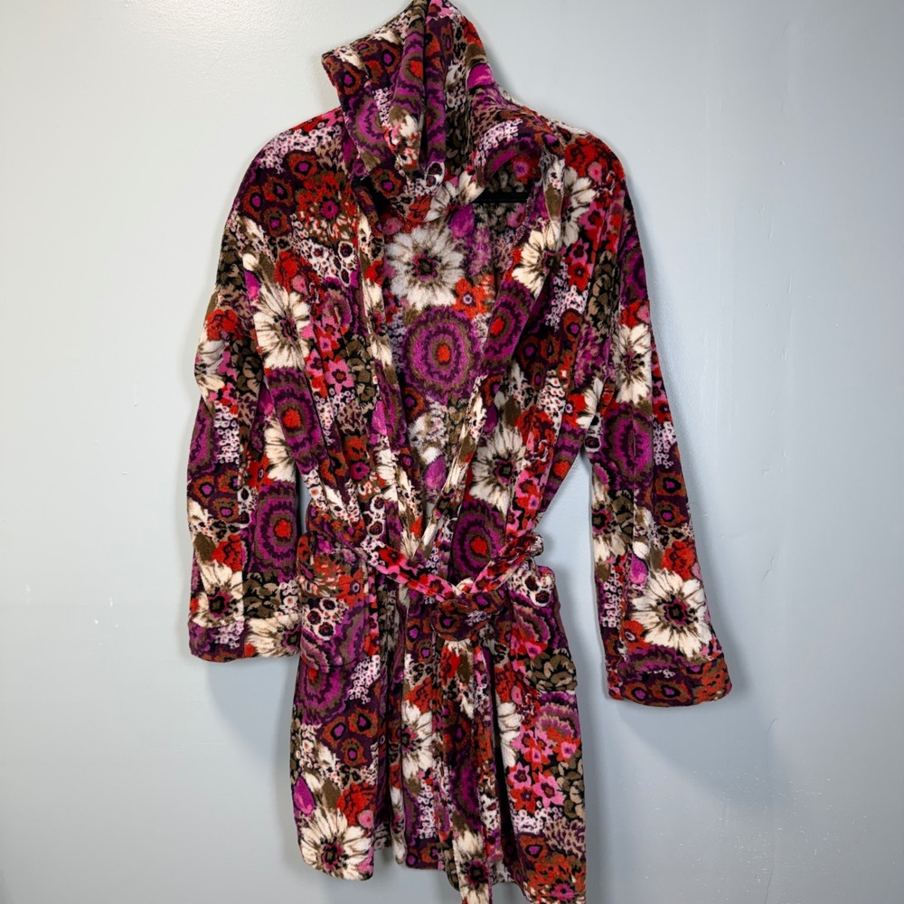 Vera Bradley Fleece Hooded Robe L/XL Multicolor Floral Plush Wrap Belted Pockets